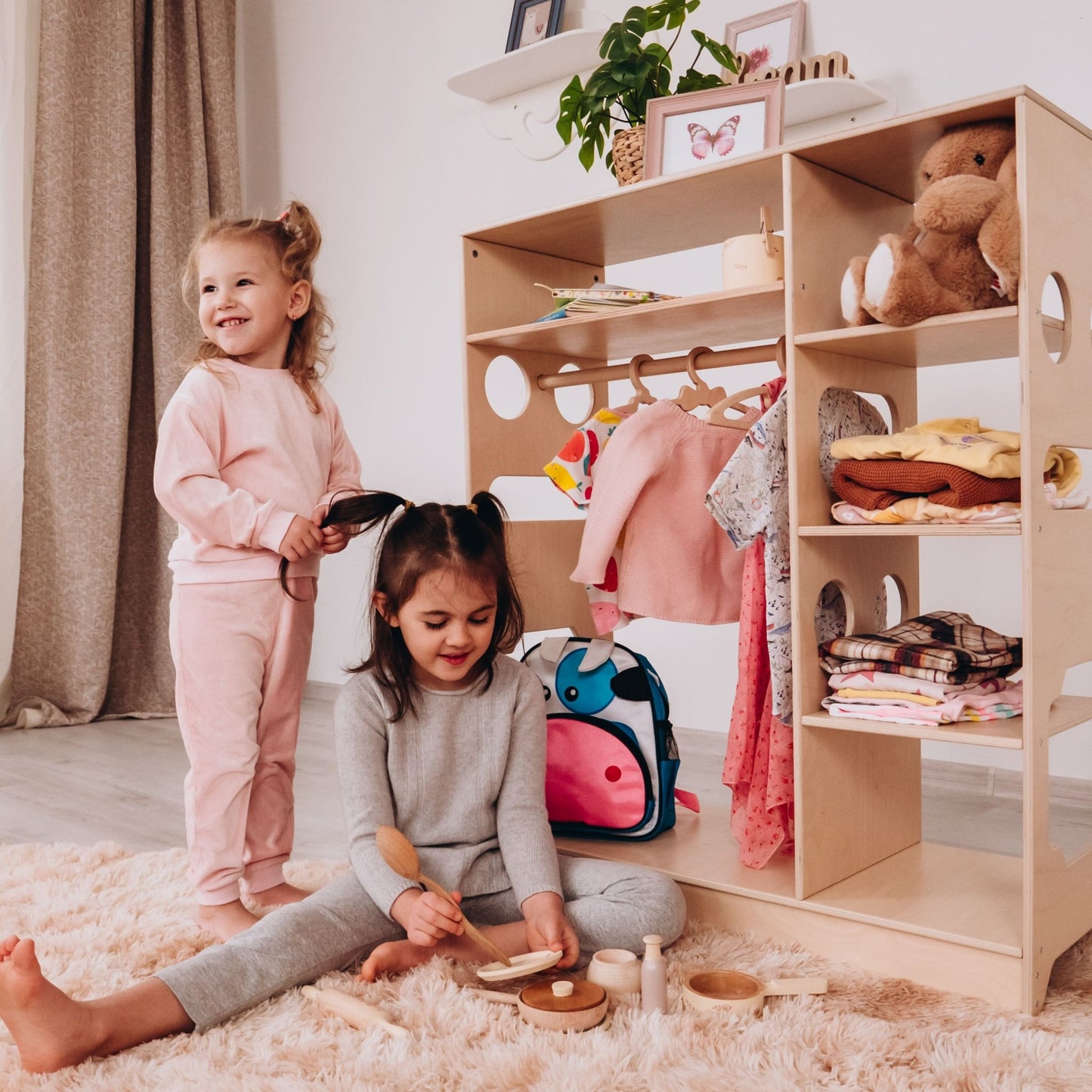 Montessori closet – 4 - shelf kids wardrobe with clothing rack - The Nurturing Nook