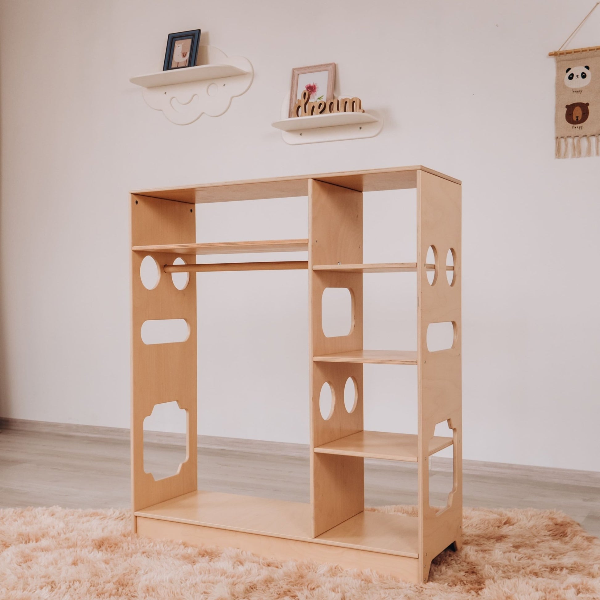 Montessori closet – 4 - shelf kids wardrobe with clothing rack - The Nurturing Nook