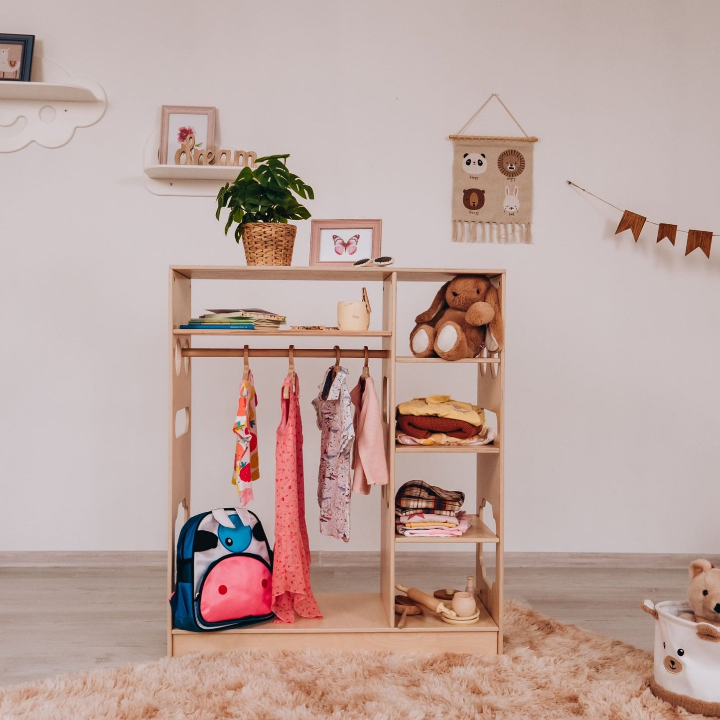 Montessori closet – 4 - shelf kids wardrobe with clothing rack - The Nurturing Nook