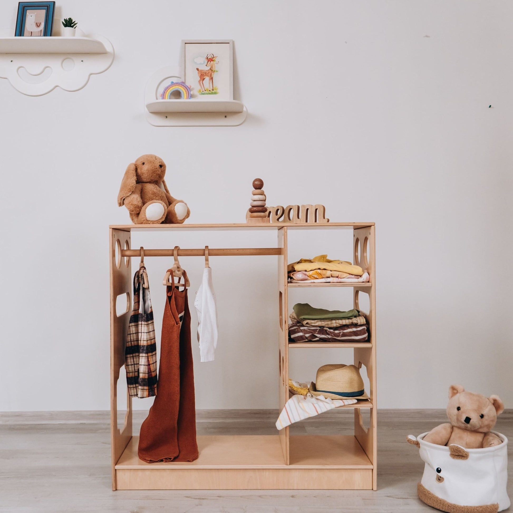 Montessori closet – 4 - shelf kids wardrobe with clothing rack - The Nurturing Nook