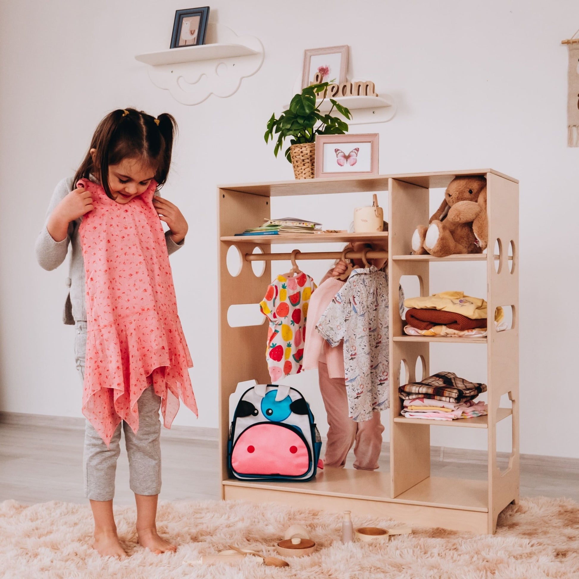 Montessori closet – 4 - shelf kids wardrobe with clothing rack - The Nurturing Nook