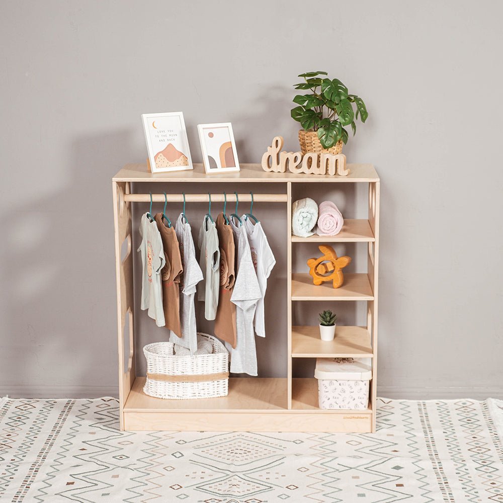 Montessori closet – 4 - shelf kids wardrobe with clothing rack - The Nurturing Nook