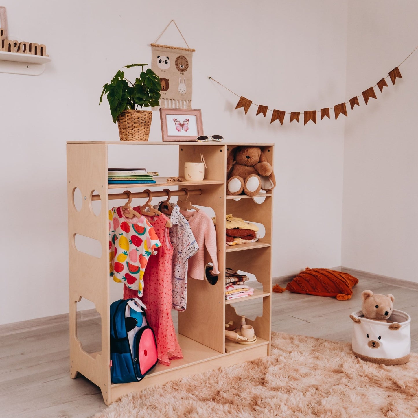 Montessori closet – 4 - shelf kids wardrobe with clothing rack - The Nurturing Nook
