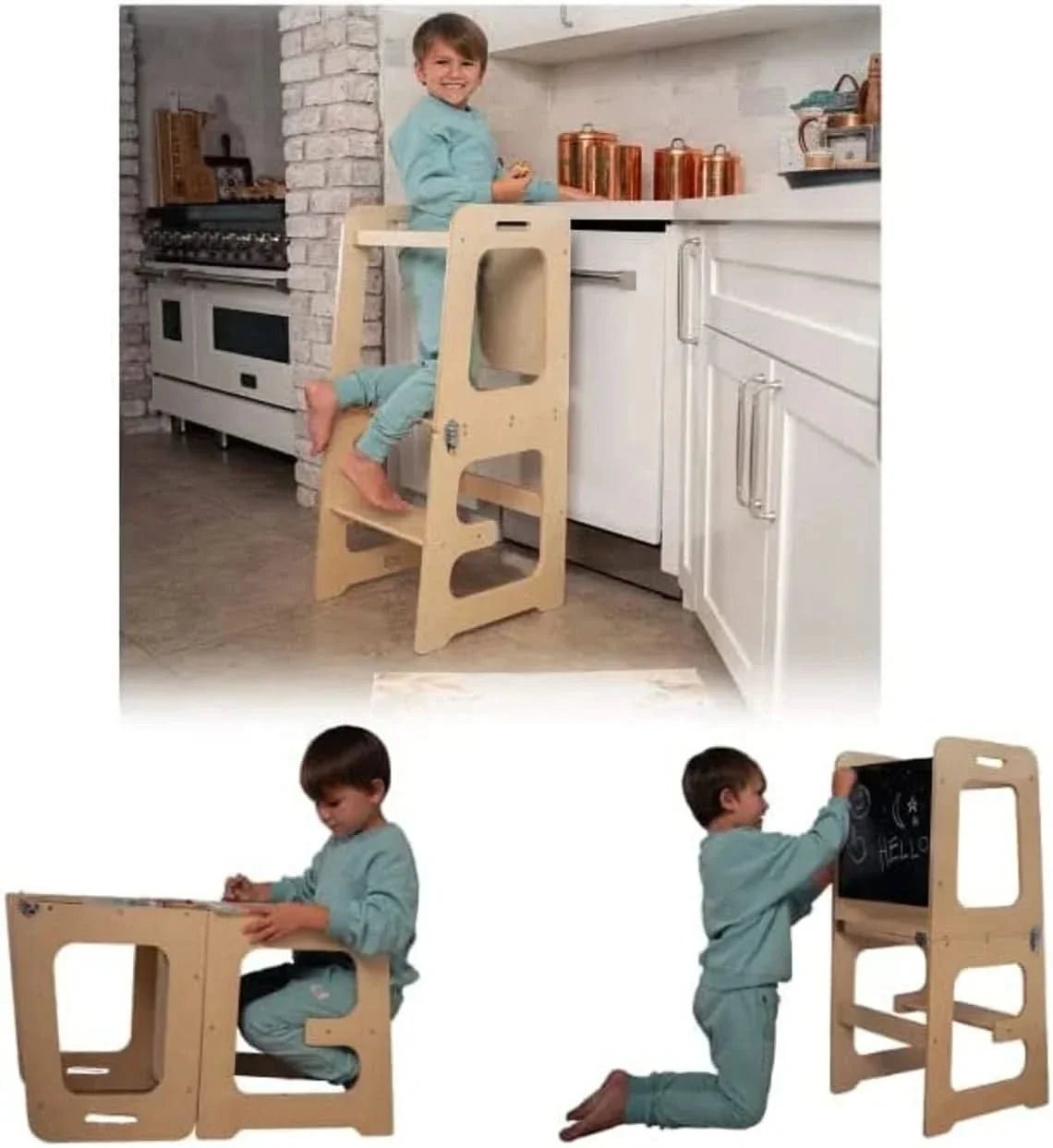 Montessori kitchen step stool desk with chalkboard & tower - The Nurturing Nook