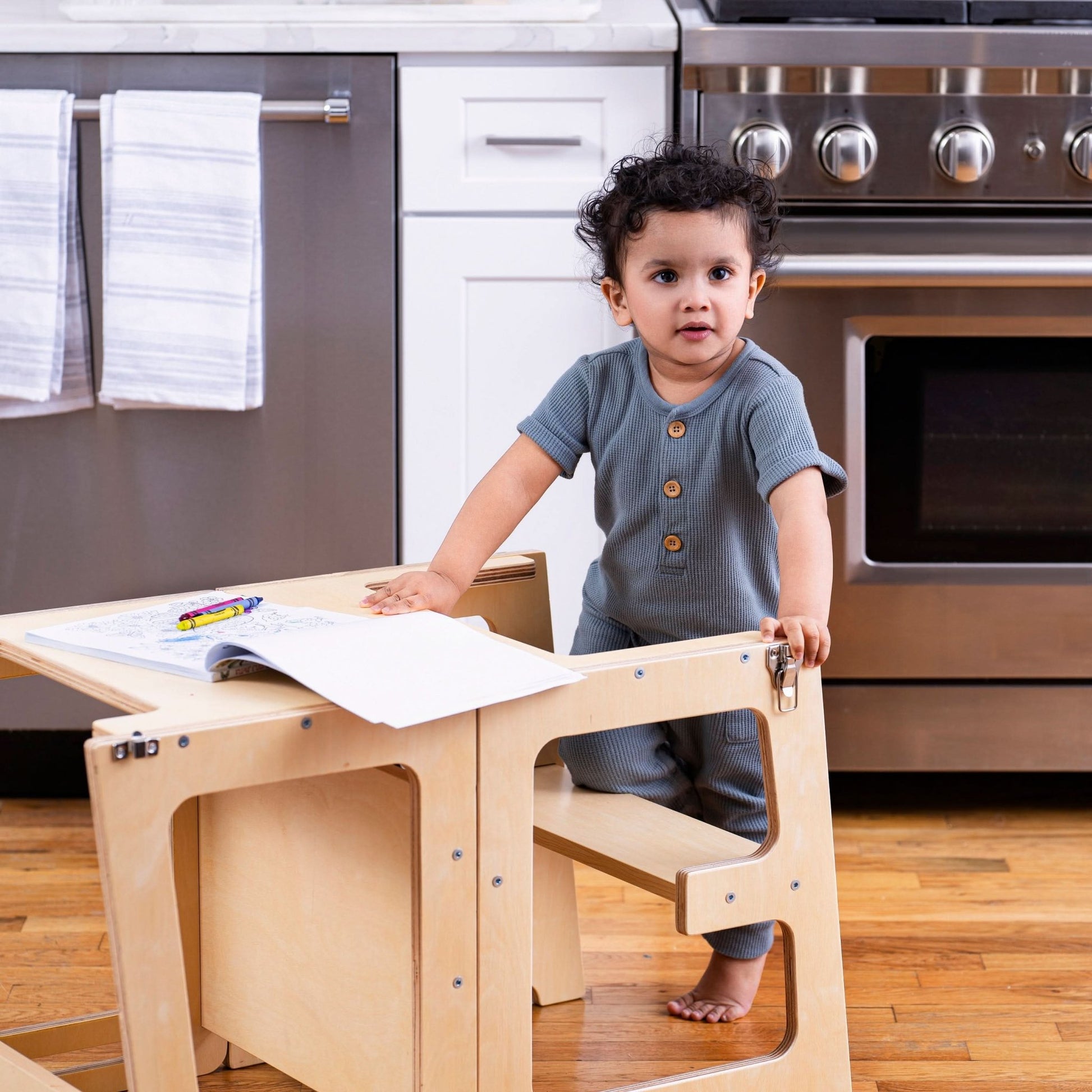 Montessori kitchen step stool desk with chalkboard & tower - The Nurturing Nook