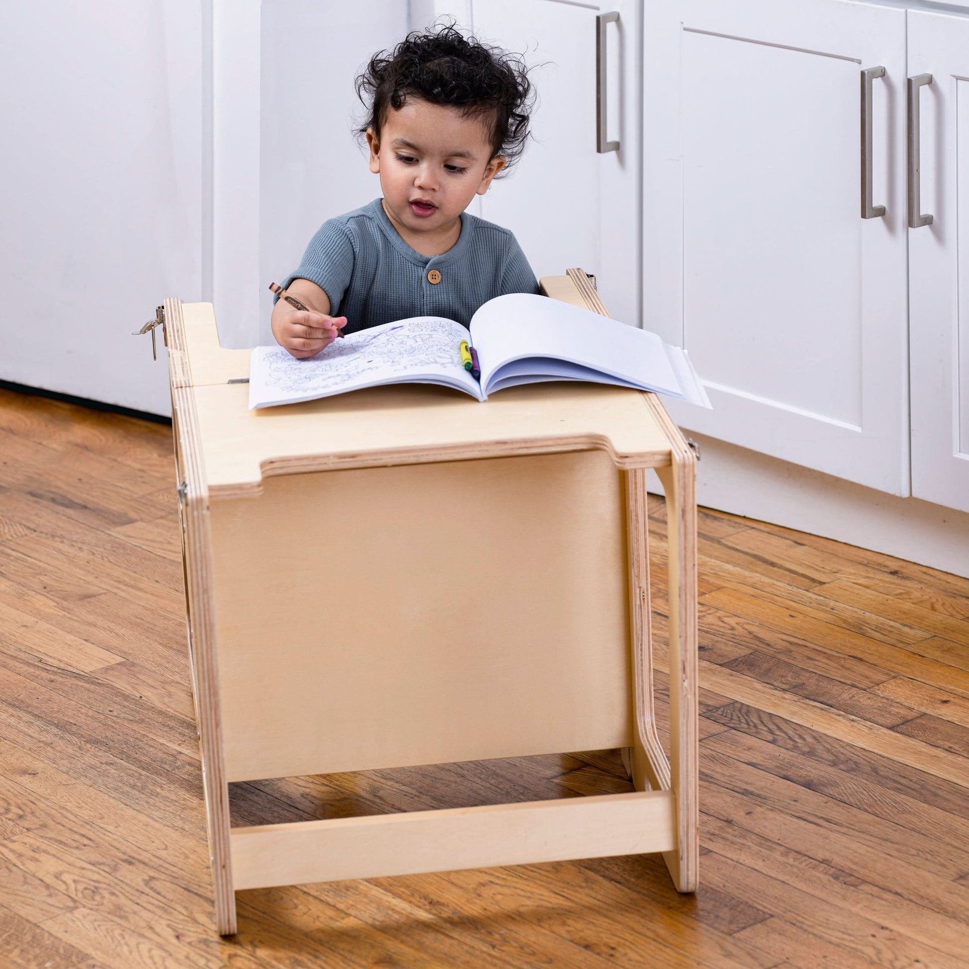 Montessori kitchen step stool desk with chalkboard & tower - The Nurturing Nook