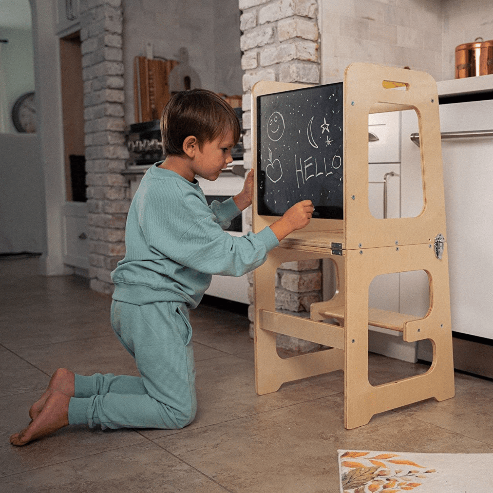 Montessori kitchen step stool desk with chalkboard & tower - The Nurturing Nook