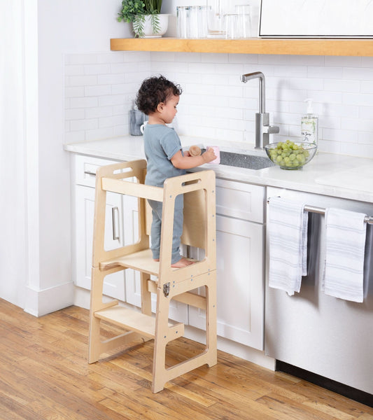 Montessori kitchen step stool desk with chalkboard & tower - The Nurturing Nook