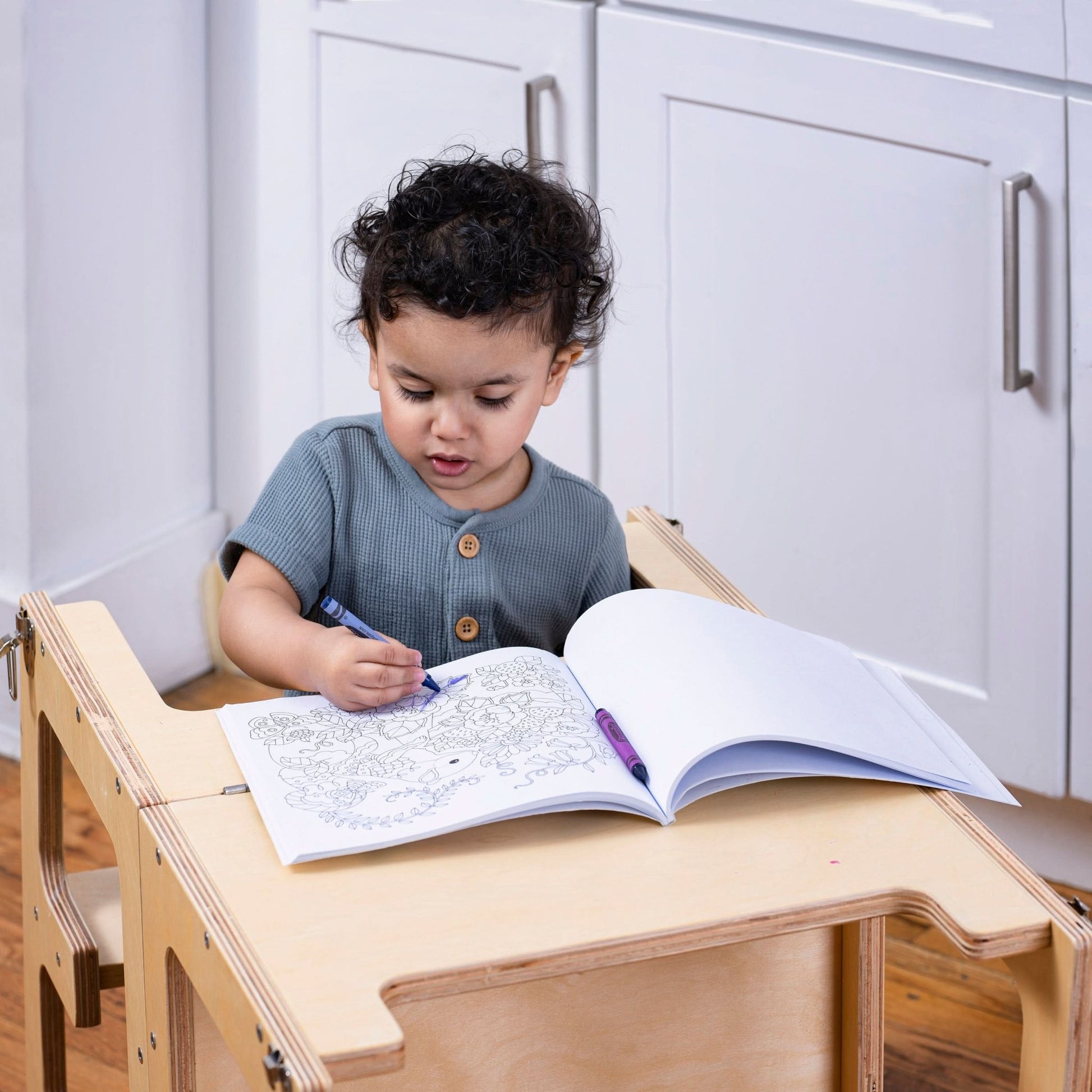 Montessori kitchen step stool desk with chalkboard & tower - The Nurturing Nook
