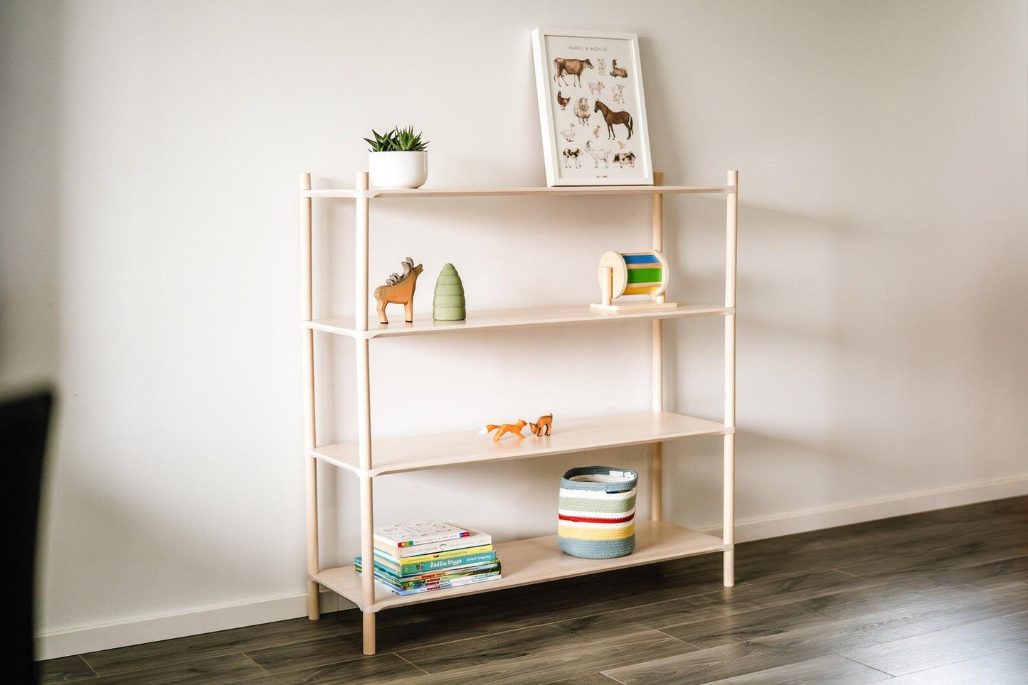 Montessori Wooden Shelf - Minimalist Floor Organizer & Kids Room Storage | Freestanding Natural Wood Shelf for Living Room & Bedroom Decor - The Nurturing Nook