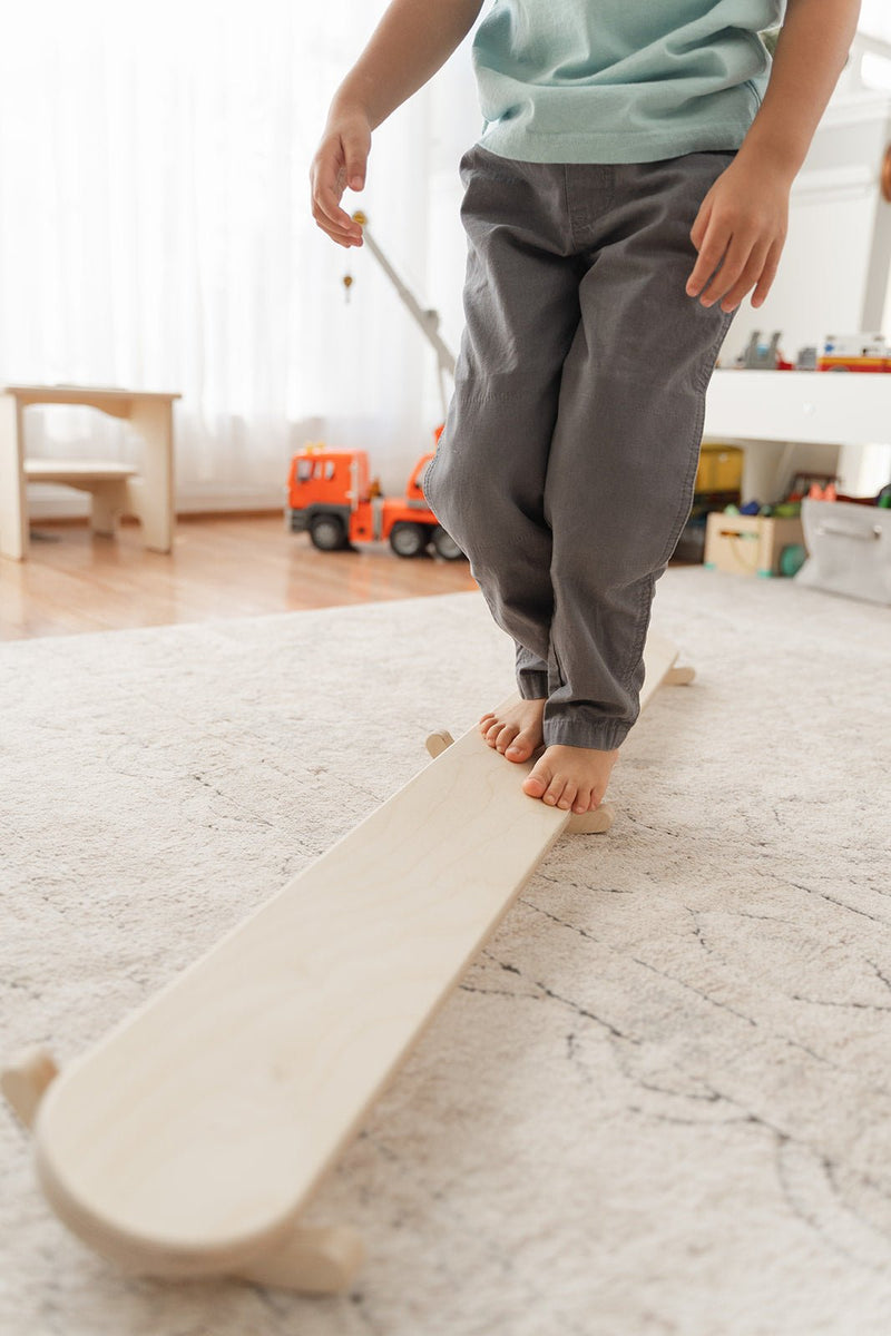 Montessori wooden wobble balance beam for gross motor play