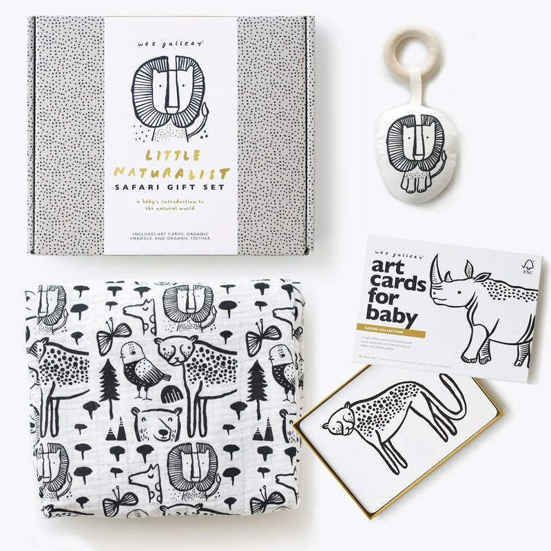 Newborn safari gift set – organic teether, swaddle & cards