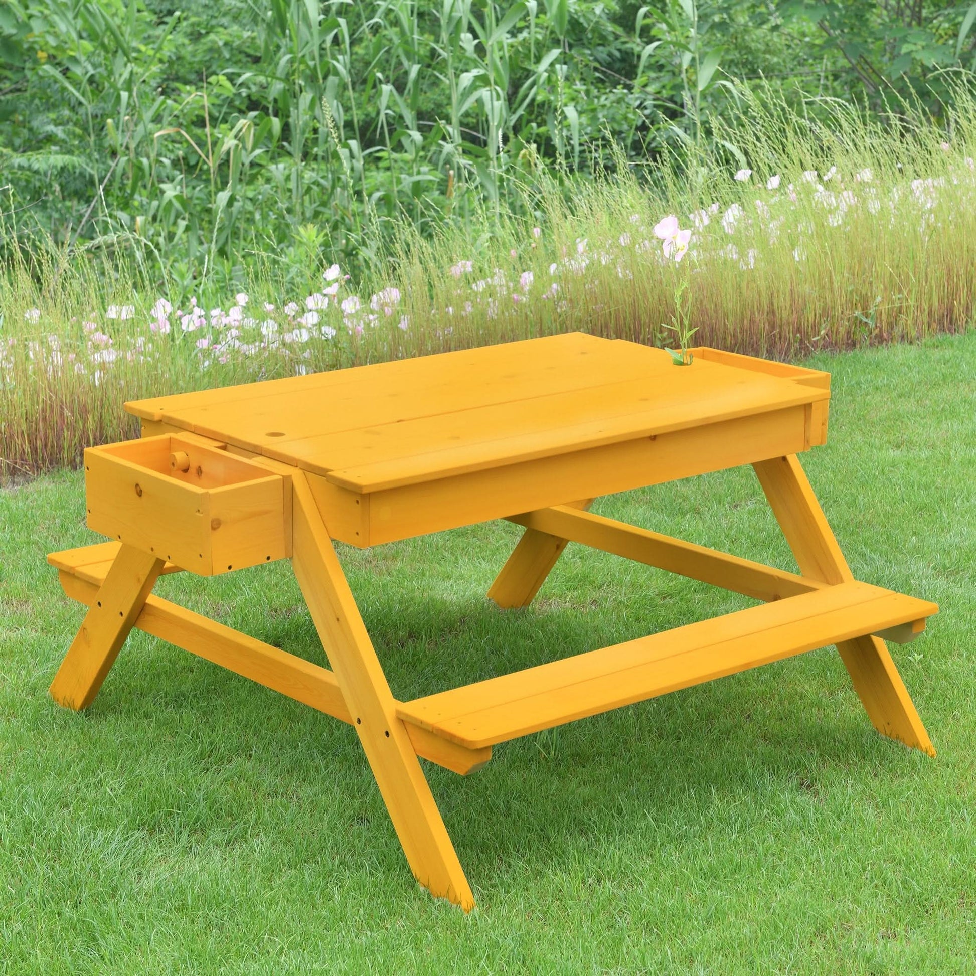Outdoor wooden sand and picnic table set for sensory play - The Nurturing Nook