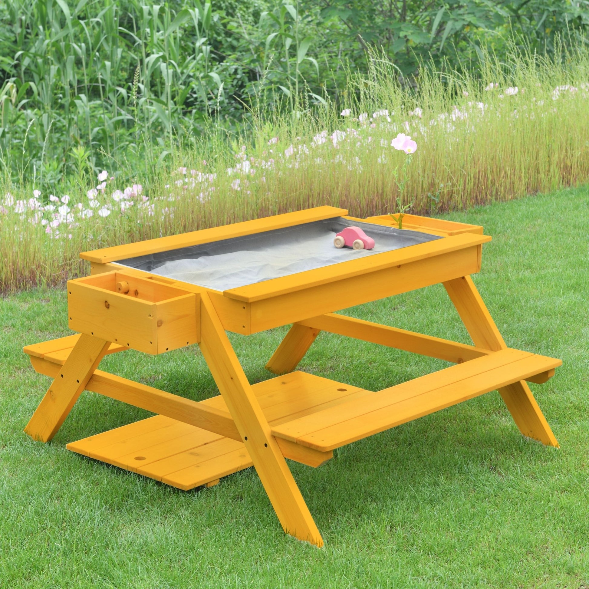 Outdoor wooden sand and picnic table set for sensory play - The Nurturing Nook