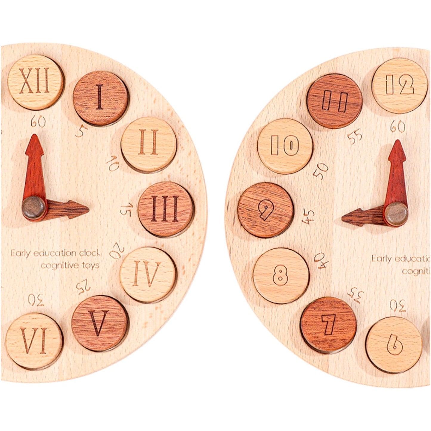 **Pre - order (Ships in 2 - 3 Weeks)**Wooden Cognitive Learning Clock – Dual - Sided Time Recognition Toy with Roman and Arabic Numerals - The Nurturing Nook