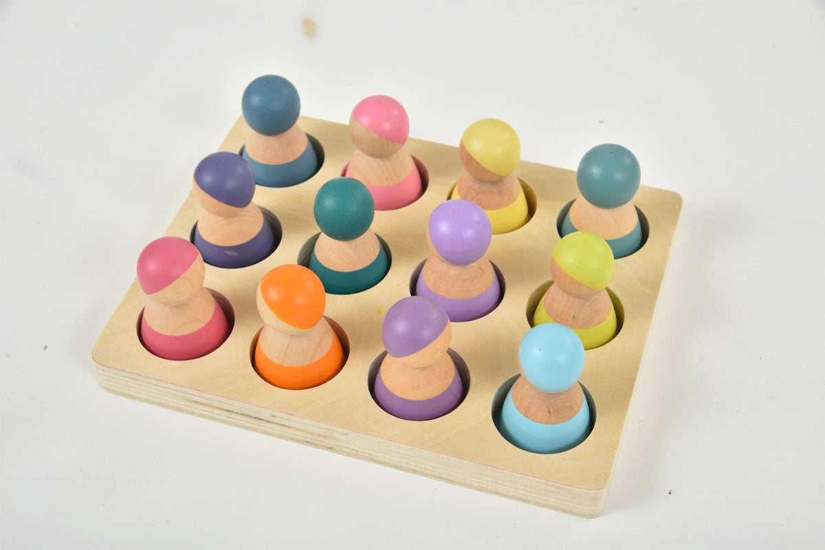 Rainbow wooden peg dolls sorting and pretend play set – 12 pcs - The Nurturing Nook
