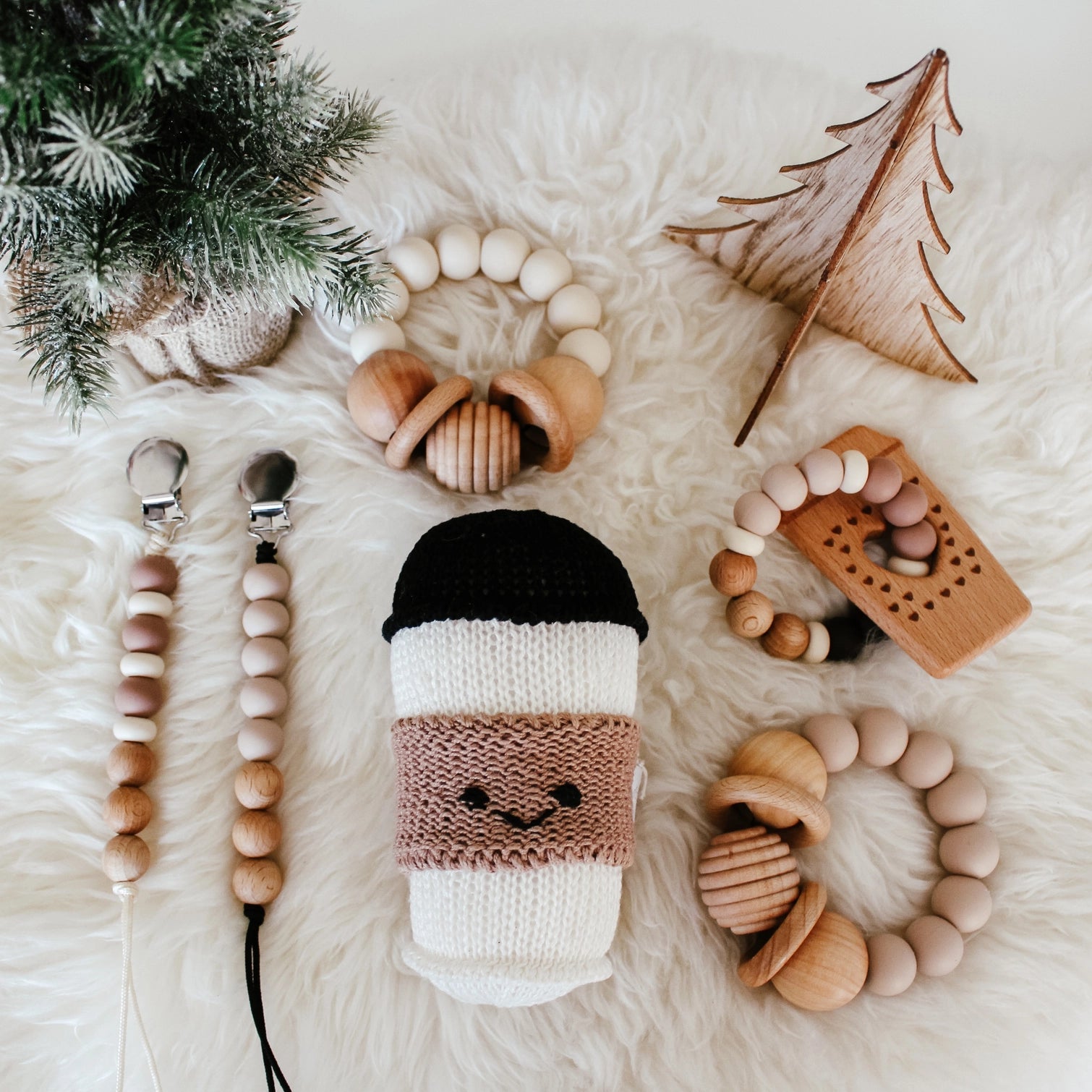 Teether / Silicone & Wood Teething Ring / Coffee Cup Neutral - The Nurturing Nook