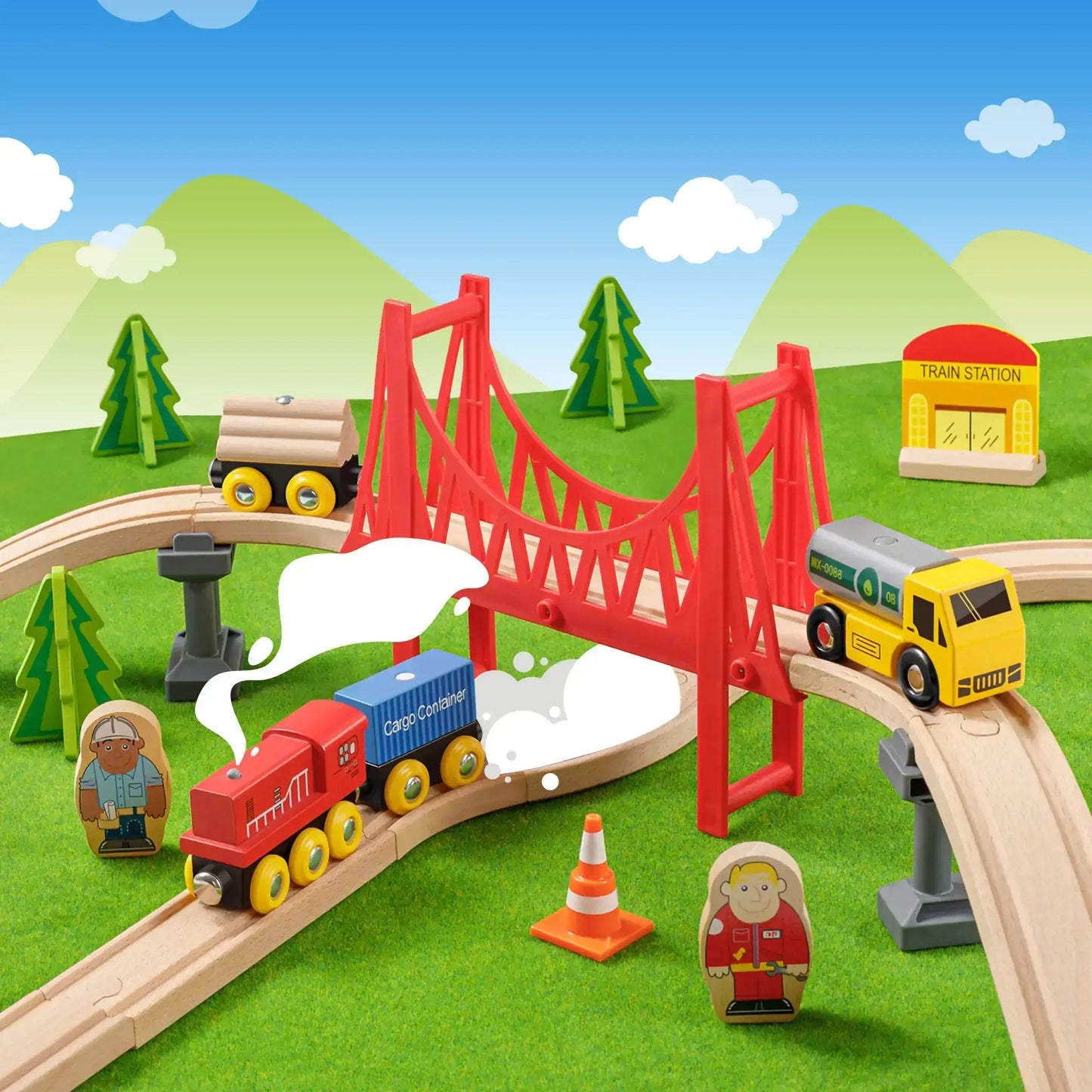 Tiny Land® crane train set – 55 - piece wooden railway with working crane - The Nurturing Nook