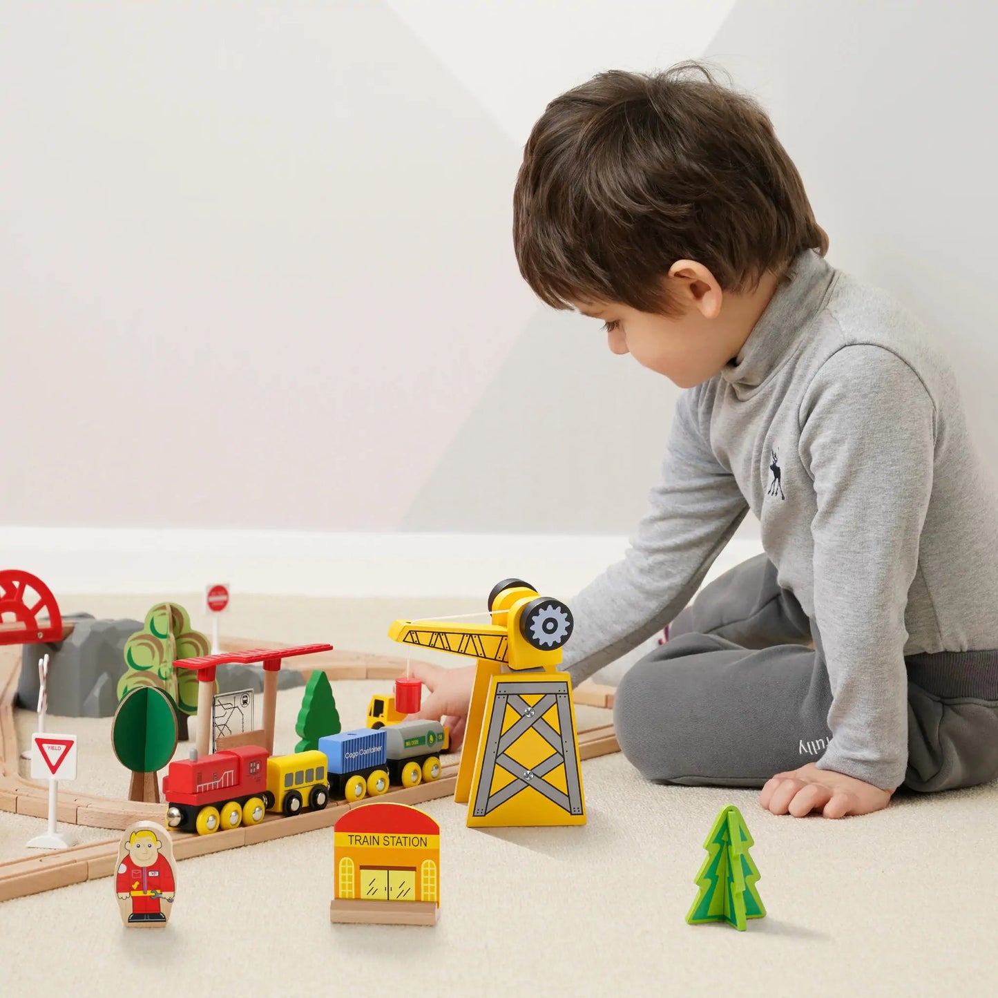 Tiny Land® crane train set – 55 - piece wooden railway with working crane - The Nurturing Nook