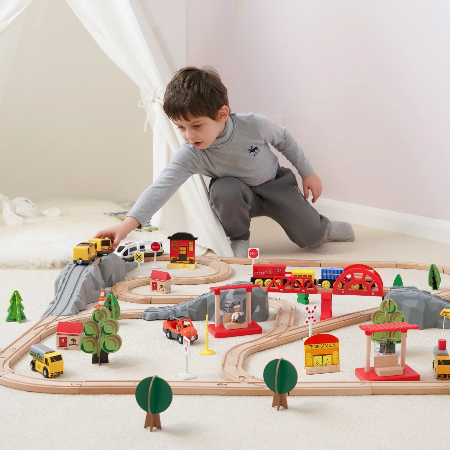 Tiny Land® crane train set – 55 - piece wooden railway with working crane - The Nurturing Nook