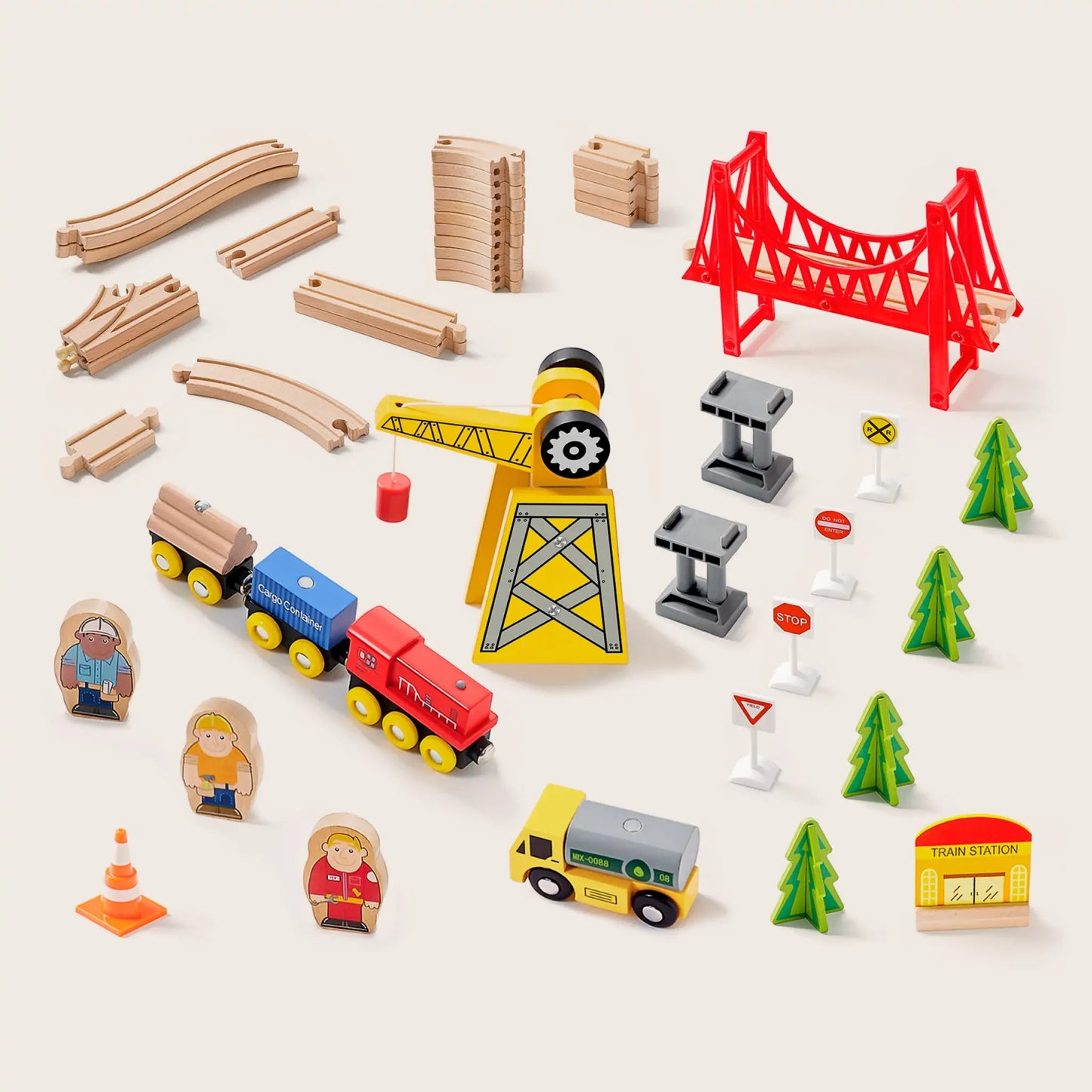 Tiny Land® crane train set – 55 - piece wooden railway with working crane - The Nurturing Nook