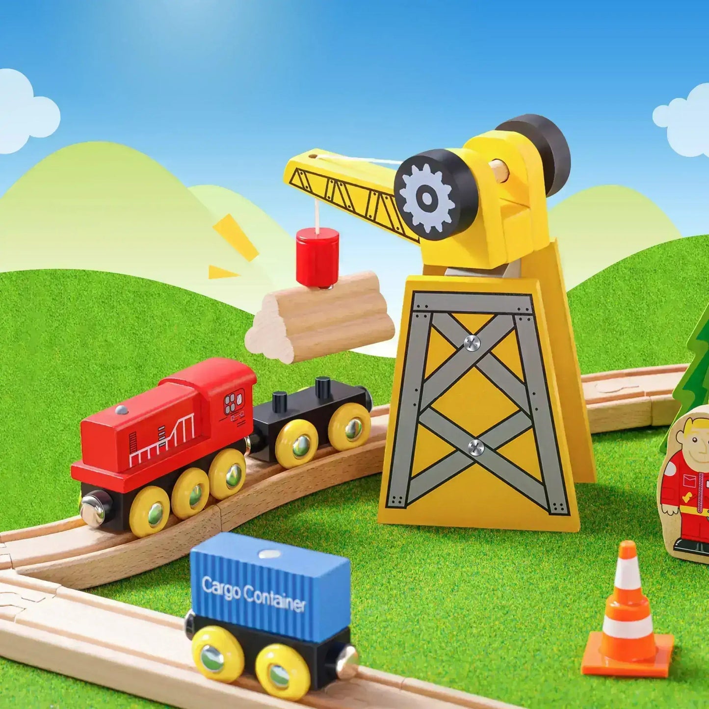 Tiny Land® crane train set – 55 - piece wooden railway with working crane - The Nurturing Nook