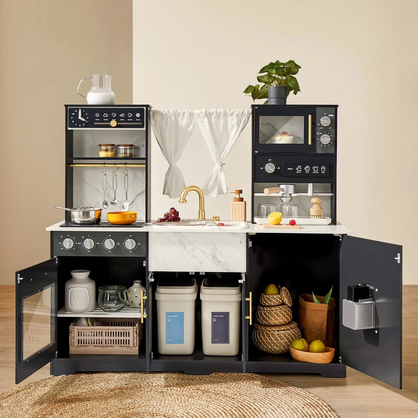 Tiny Land® Iconic Aqua Kitchen with Real - Flow Water System - Black - The Nurturing Nook