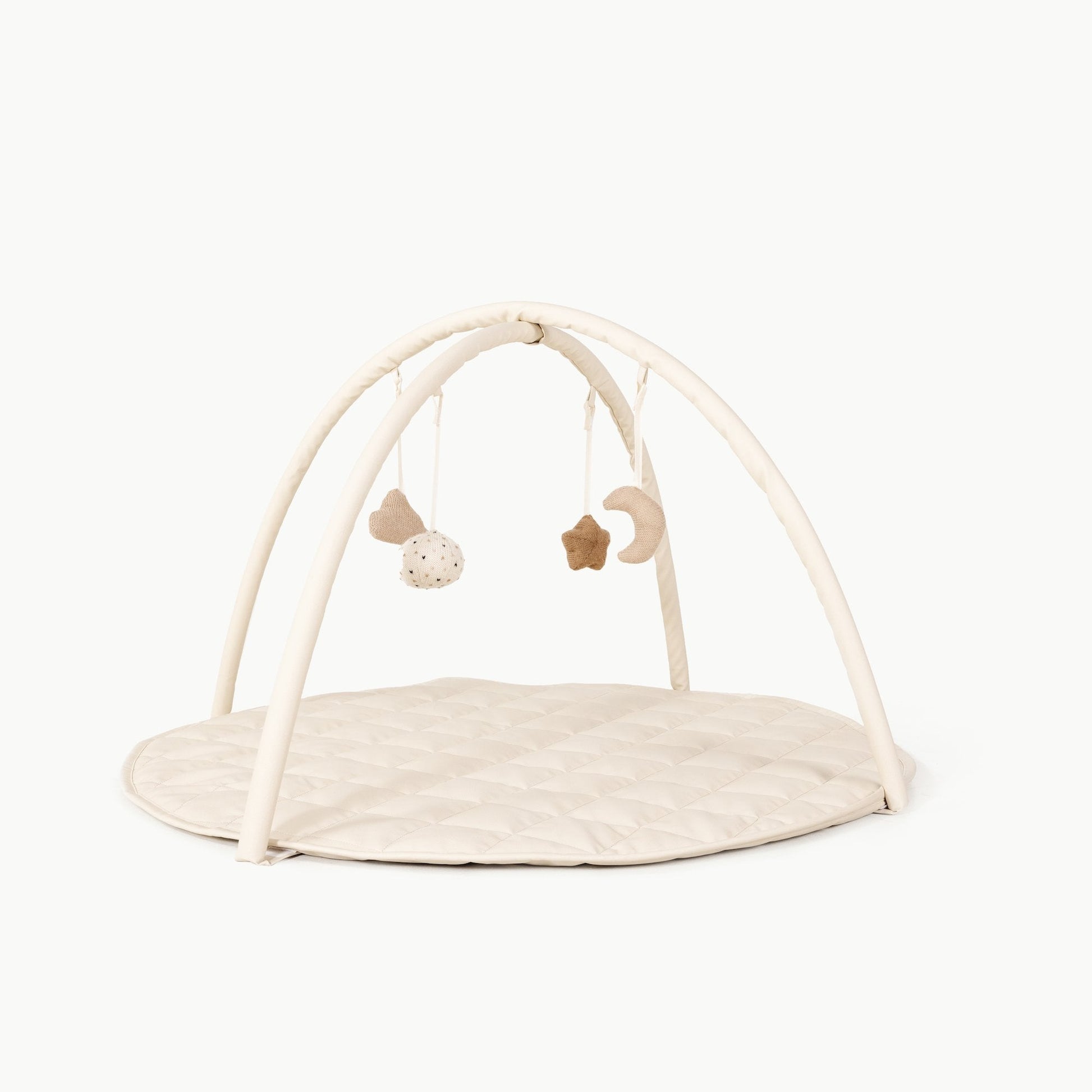 Vegan leather play gym with alpaca knit toys - The Nurturing Nook