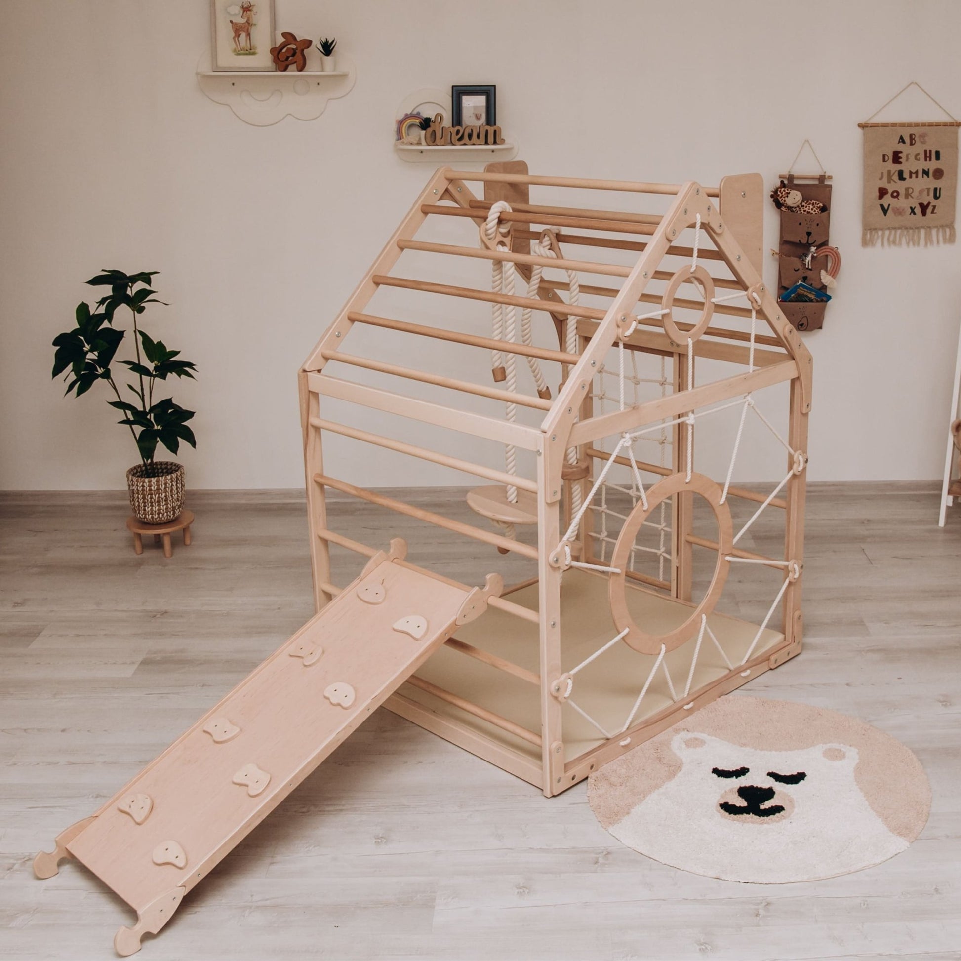 Wooden climbing playhouse – indoor climber & play space - The Nurturing Nook