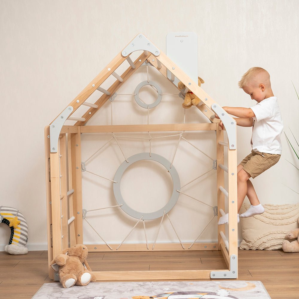 Wooden climbing playhouse – indoor climber & play space - The Nurturing Nook