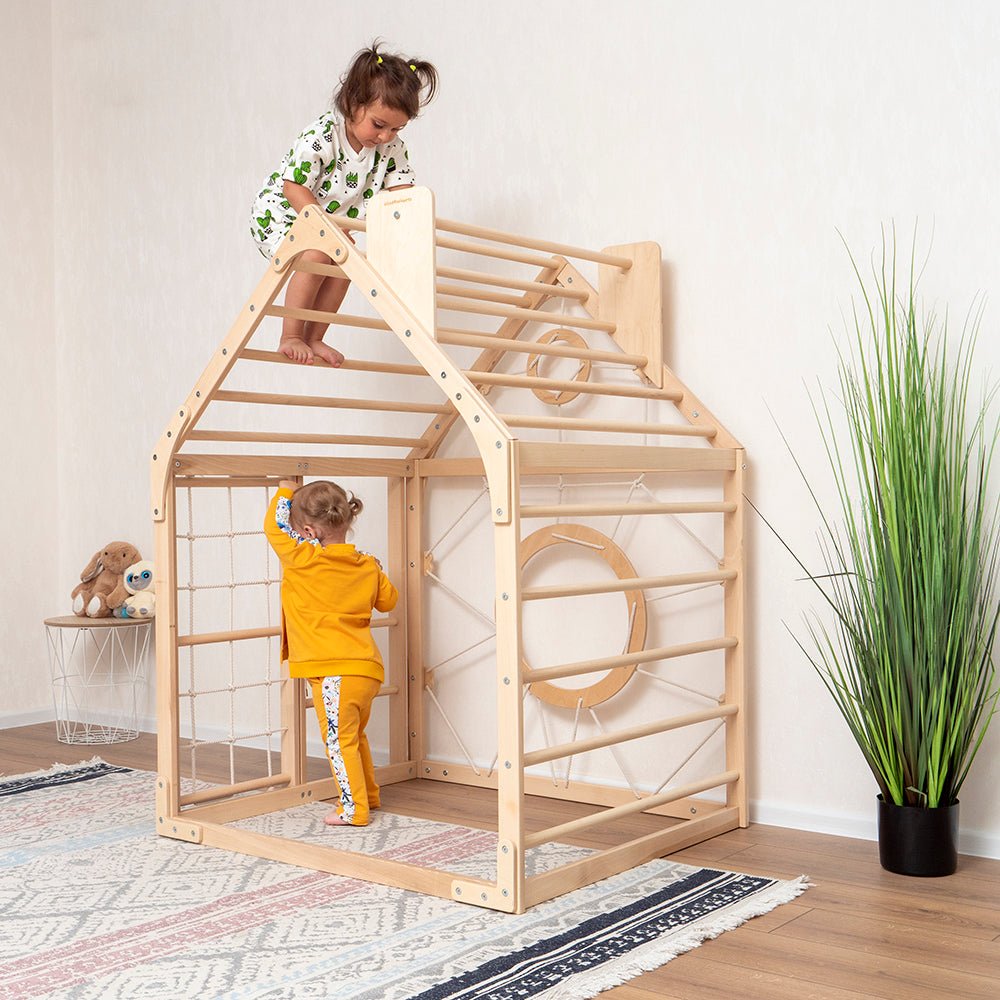 Wooden climbing playhouse – indoor climber & play space - The Nurturing Nook