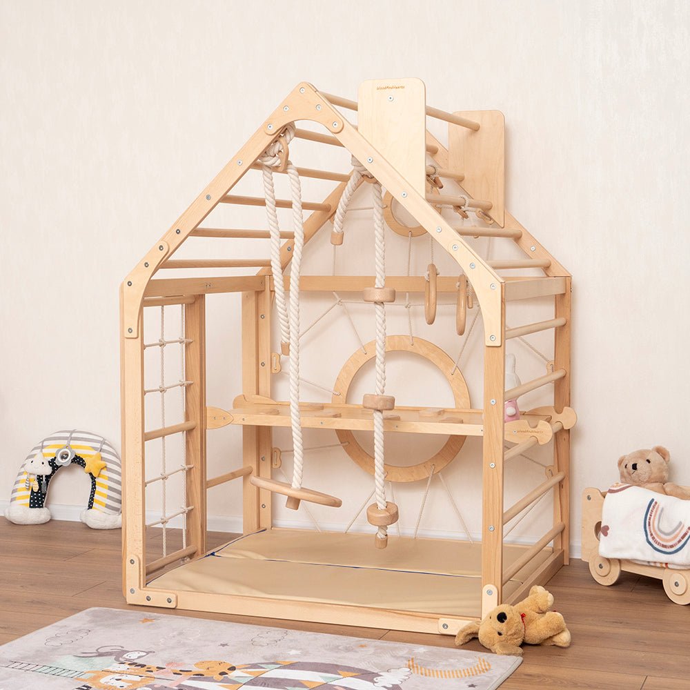 Wooden climbing playhouse – indoor climber & play space - The Nurturing Nook