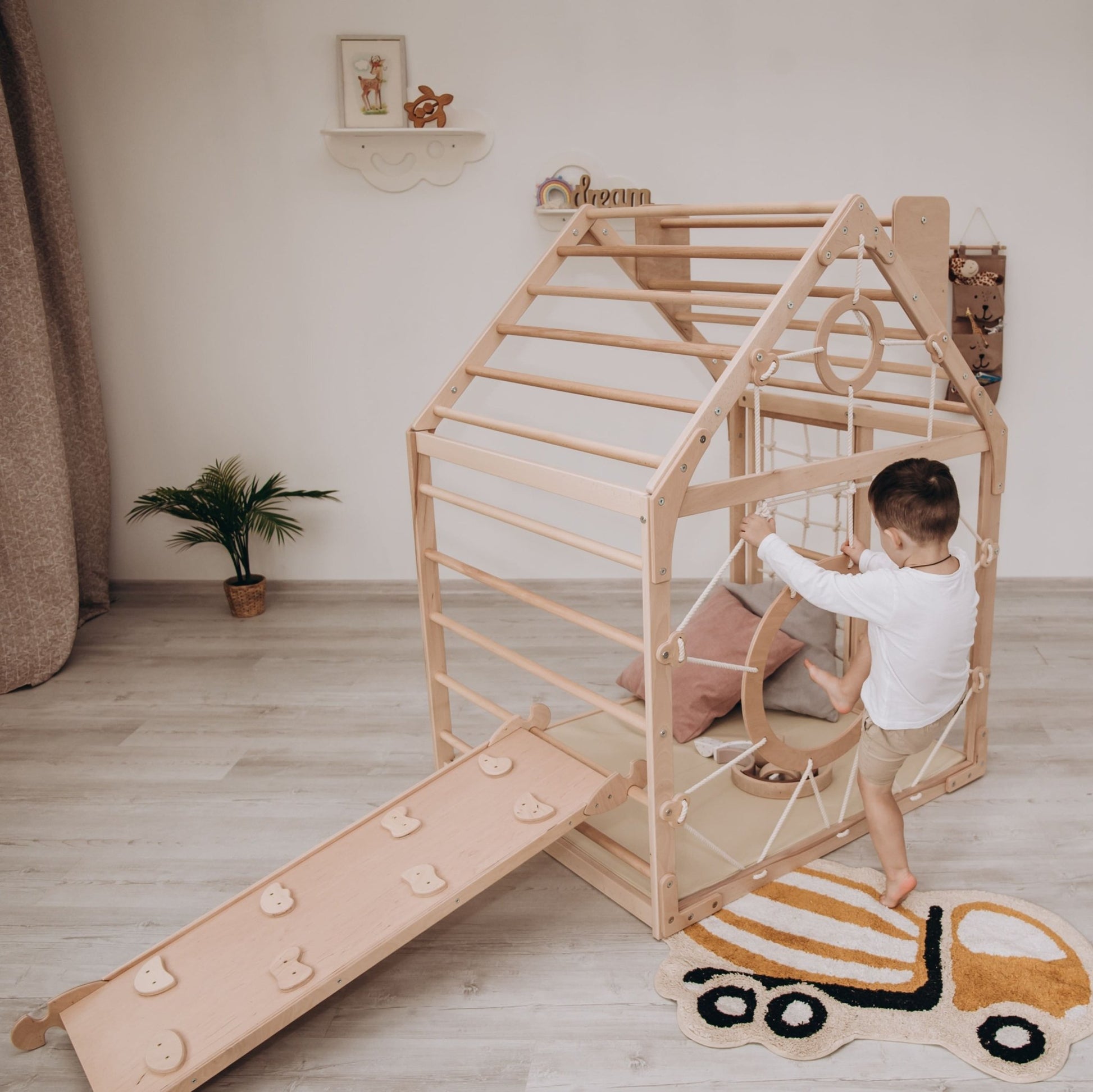 Wooden climbing playhouse – indoor climber & play space - The Nurturing Nook