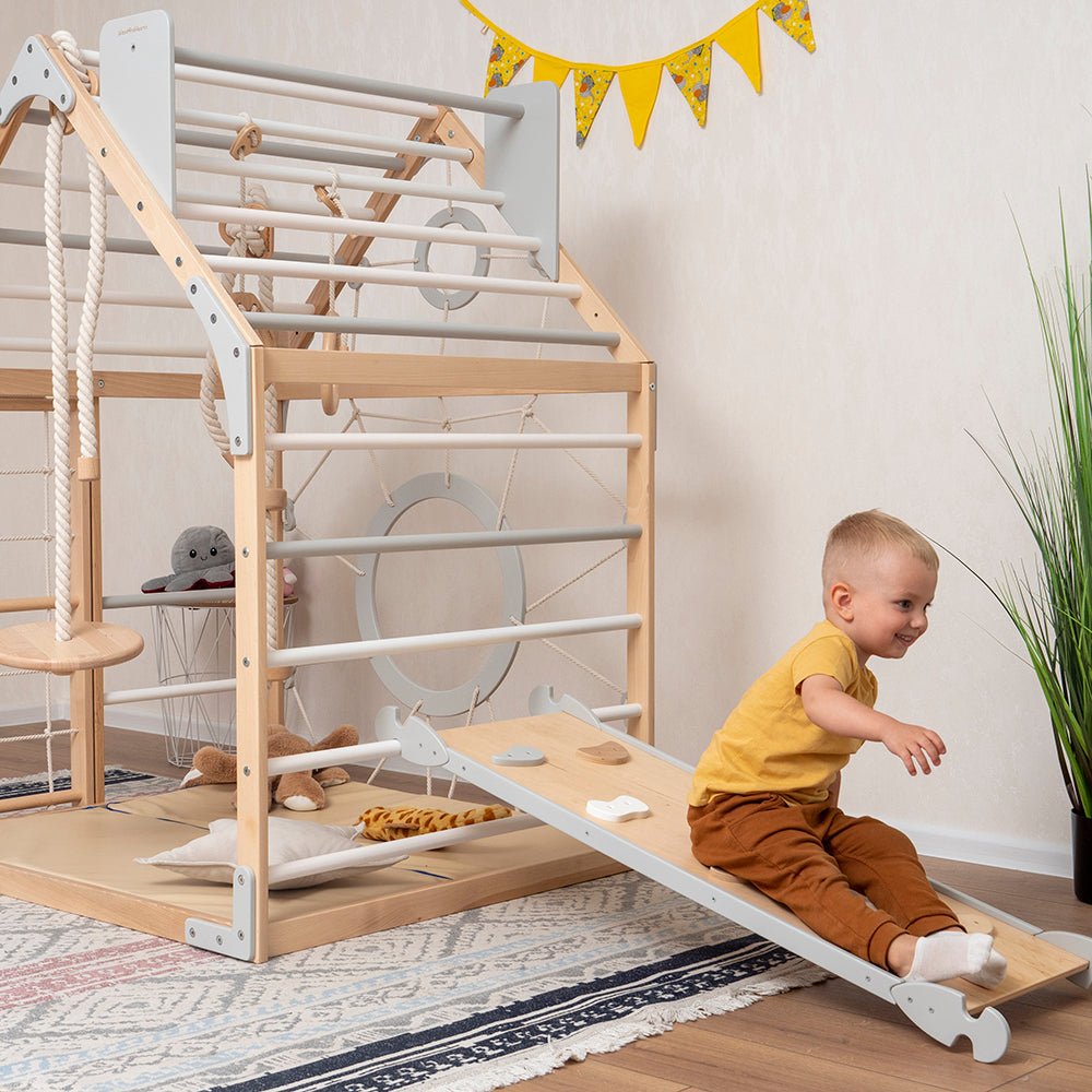 Wooden climbing playhouse – indoor climber & play space - The Nurturing Nook