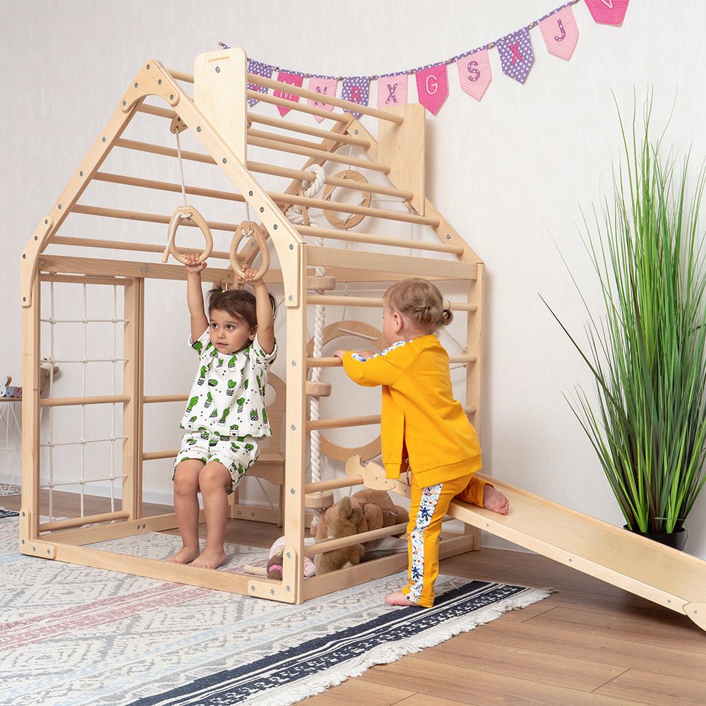 Wooden climbing playhouse – indoor climber & play space - The Nurturing Nook