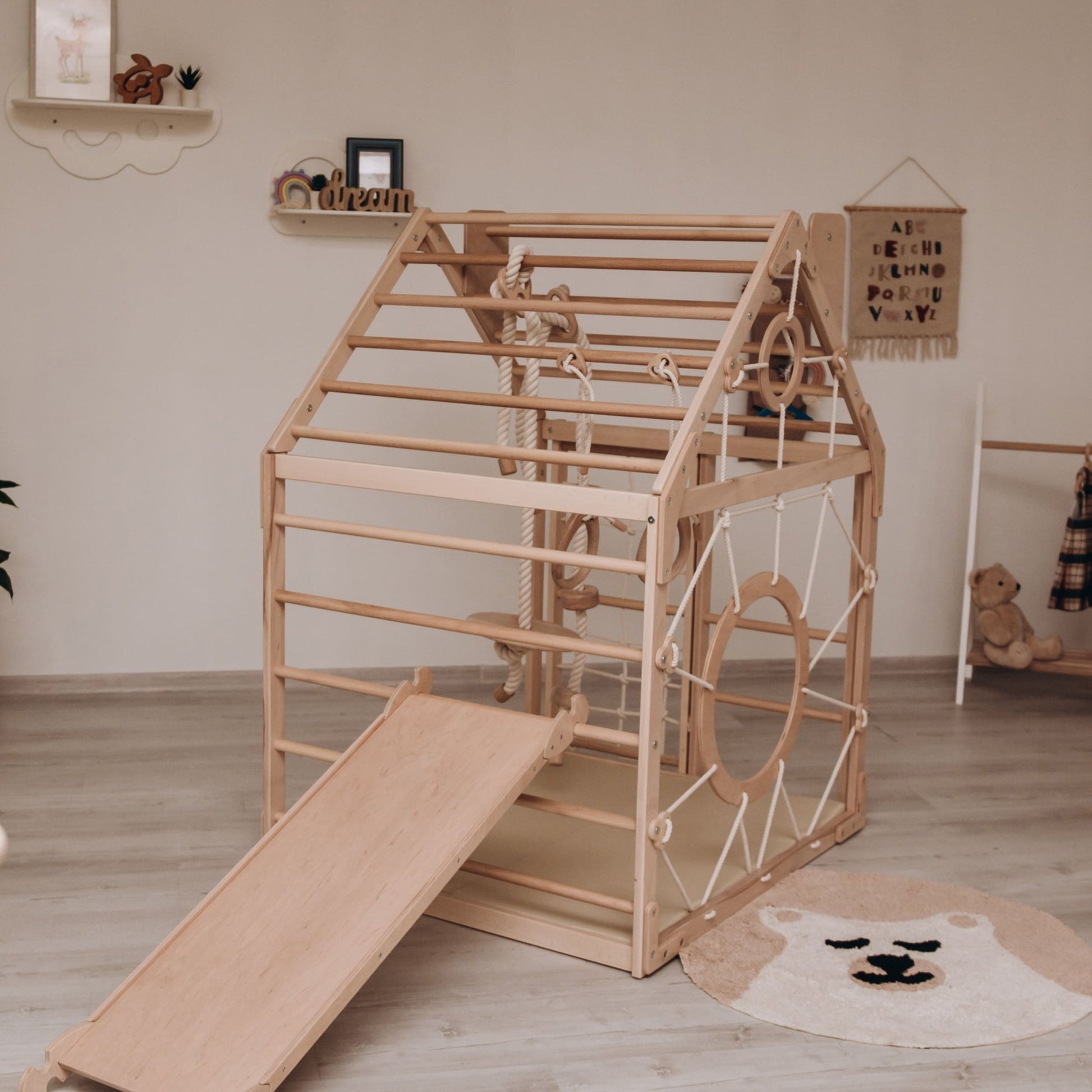 Wooden climbing playhouse – indoor climber & play space - The Nurturing Nook