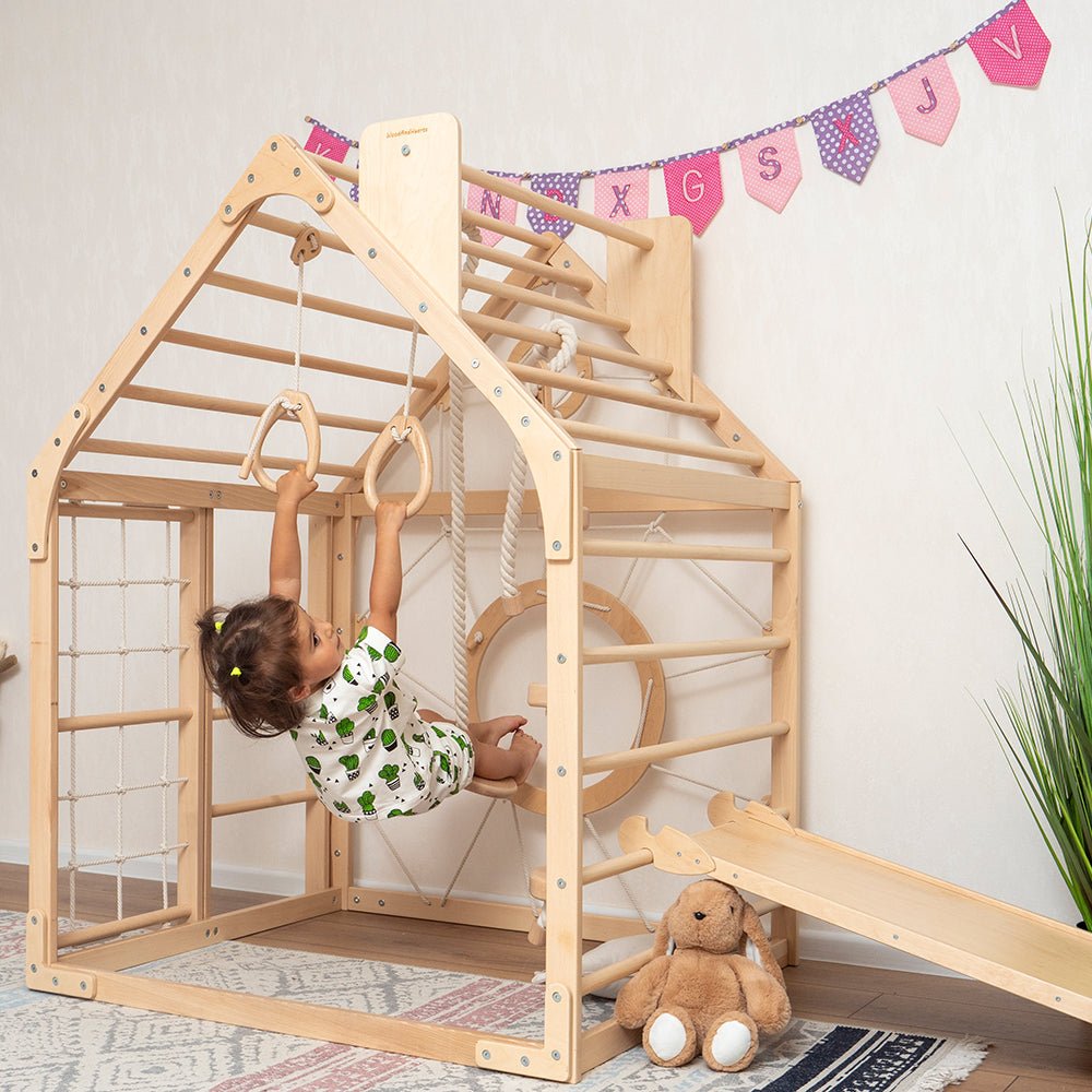Wooden climbing playhouse – indoor climber & play space - The Nurturing Nook