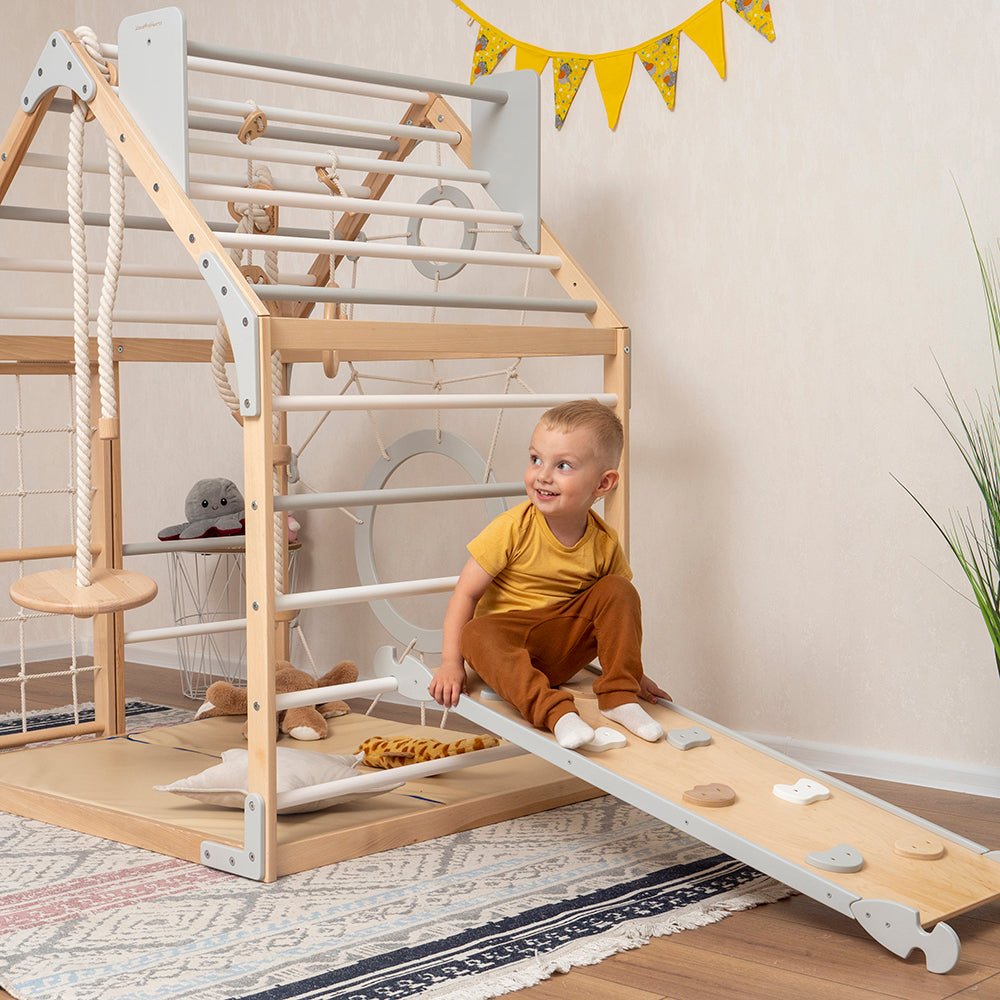 Wooden climbing playhouse – indoor climber & play space - The Nurturing Nook