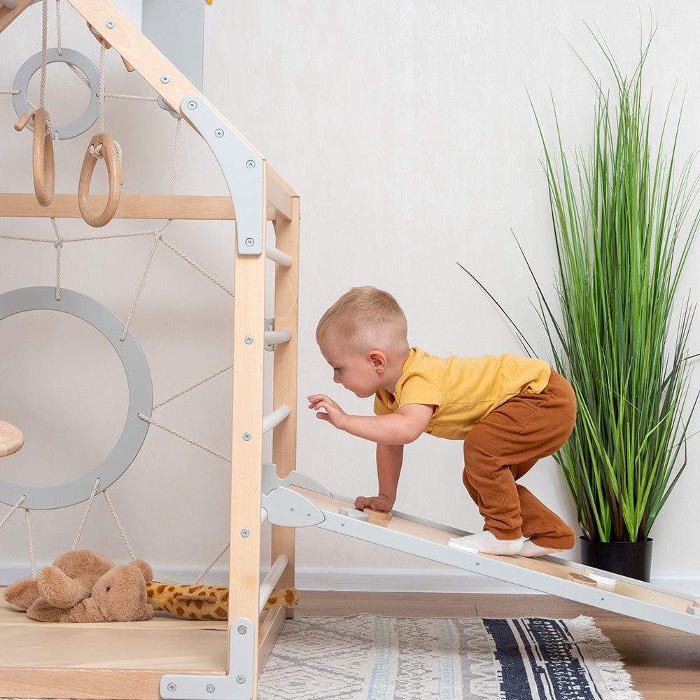 Wooden climbing playhouse – indoor climber & play space - The Nurturing Nook