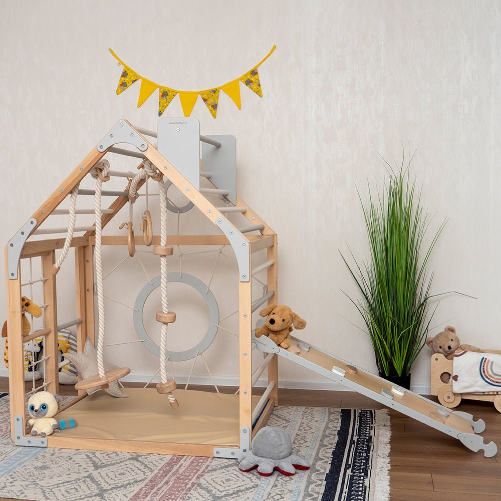 Wooden climbing playhouse – indoor climber & play space - The Nurturing Nook