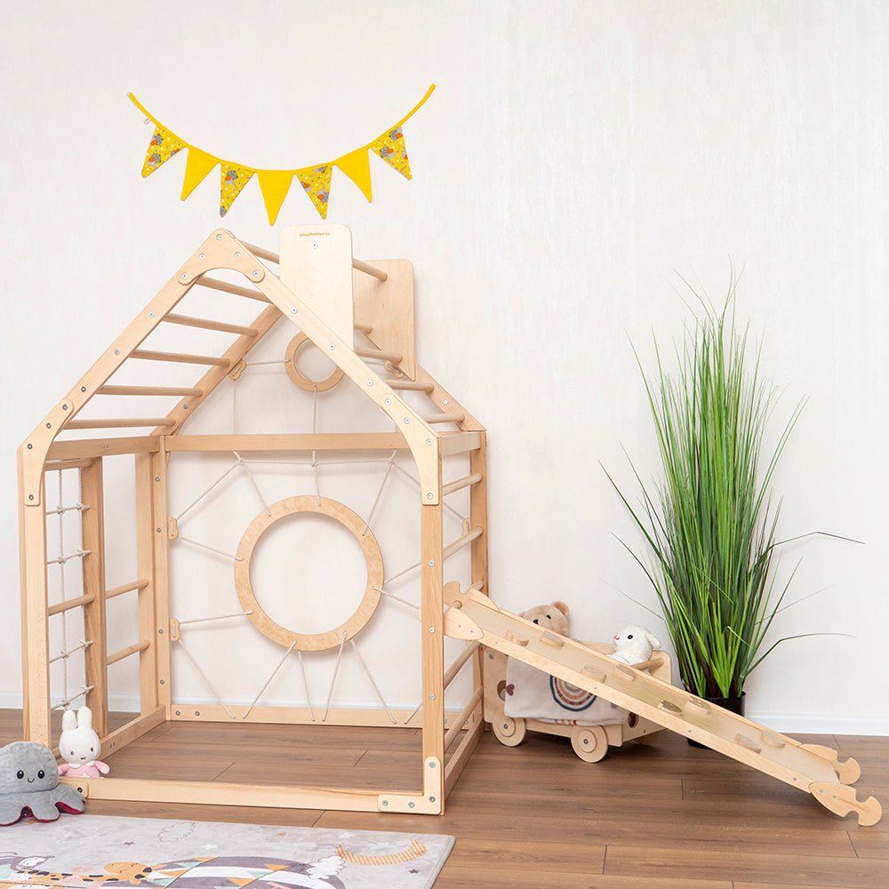 Wooden climbing playhouse – indoor climber & play space - The Nurturing Nook