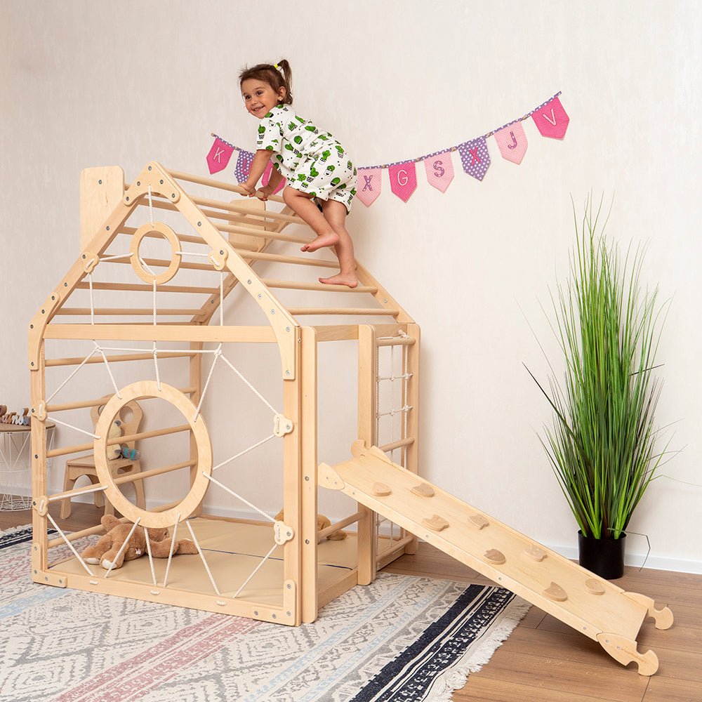 Wooden climbing playhouse – indoor climber & play space - The Nurturing Nook