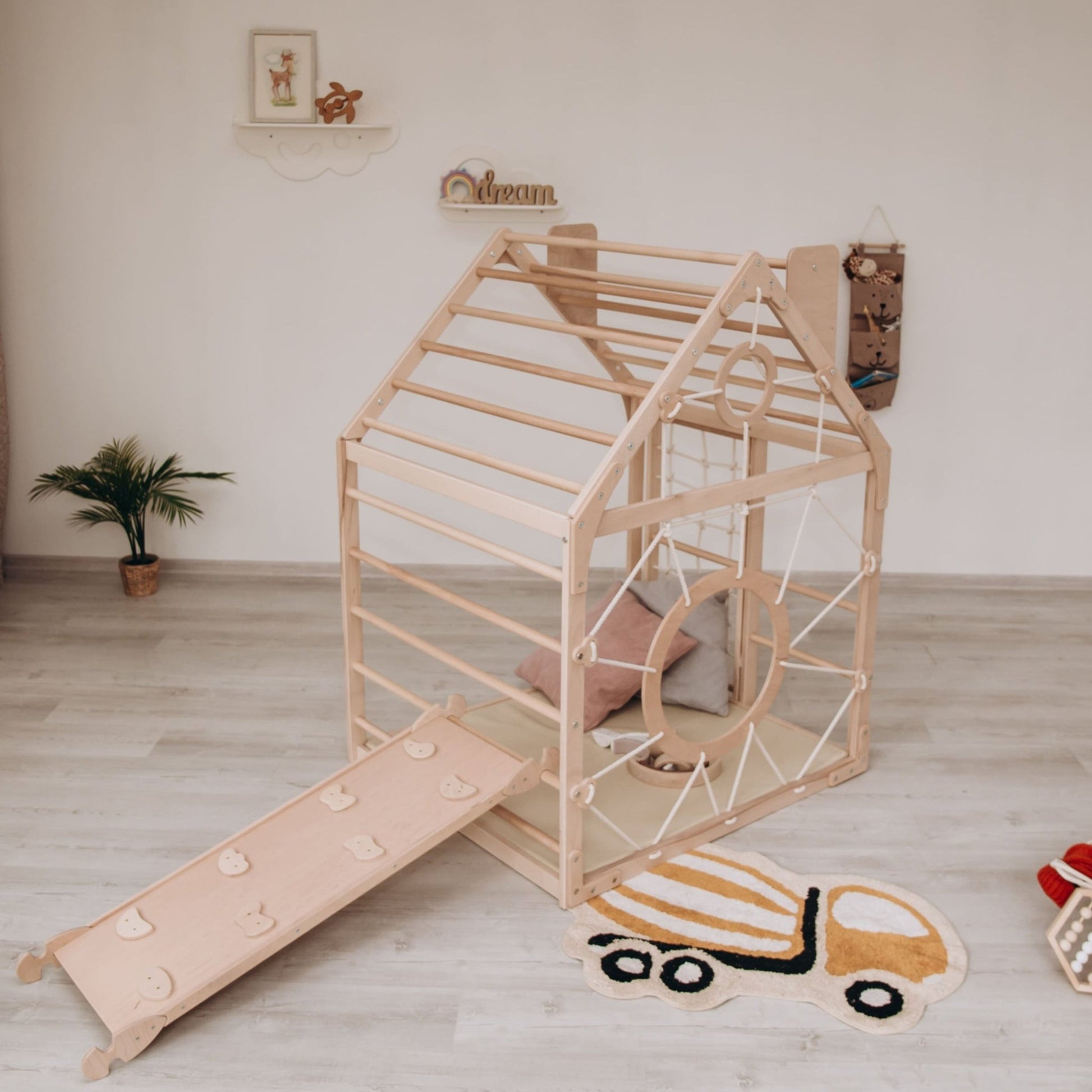 Wooden climbing playhouse – indoor climber & play space - The Nurturing Nook
