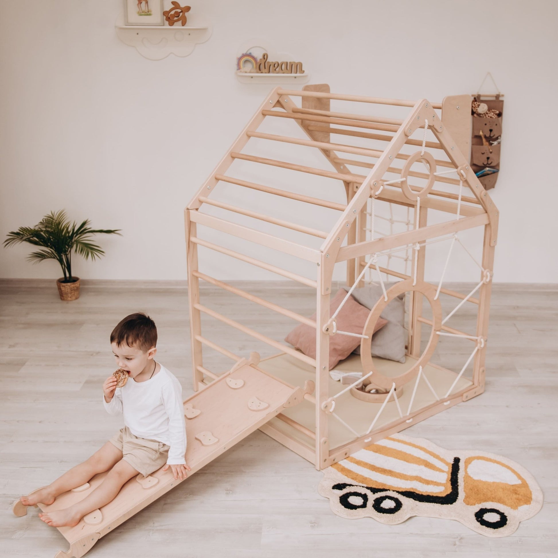 Wooden climbing playhouse – indoor climber & play space - The Nurturing Nook