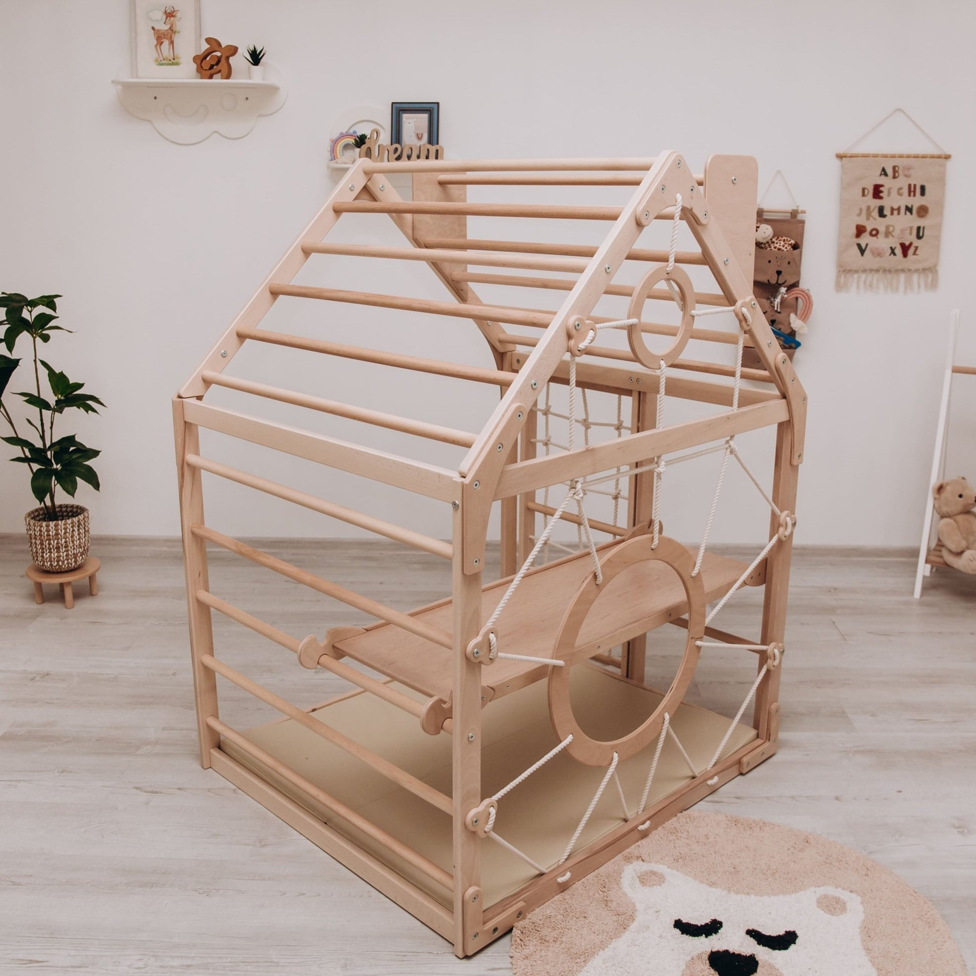 Wooden climbing playhouse – indoor climber & play space - The Nurturing Nook