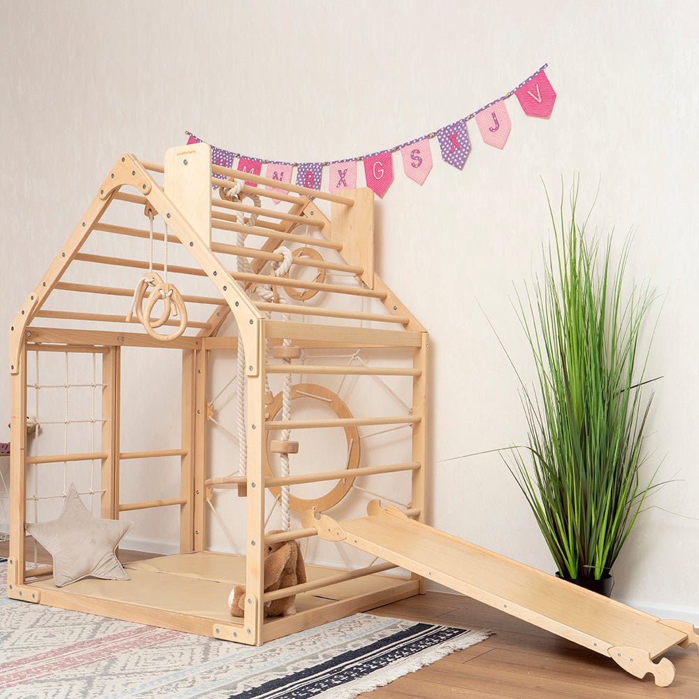 Wooden climbing playhouse – indoor climber & play space - The Nurturing Nook