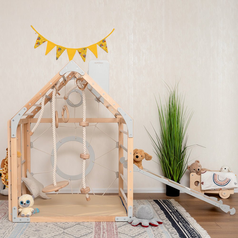 Wooden climbing playhouse – indoor climber & play space - The Nurturing Nook