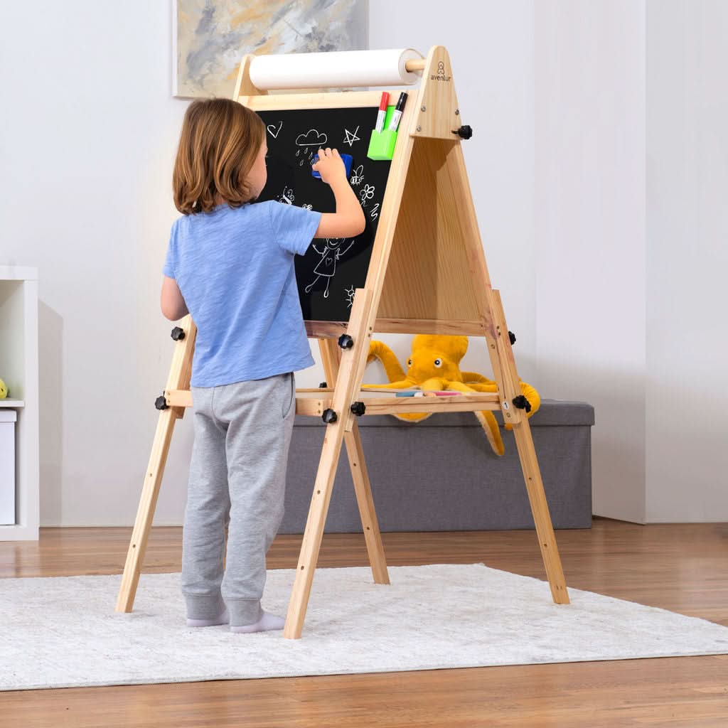 Wooden foldable easel with adjustable height and chalkboard - The Nurturing Nook
