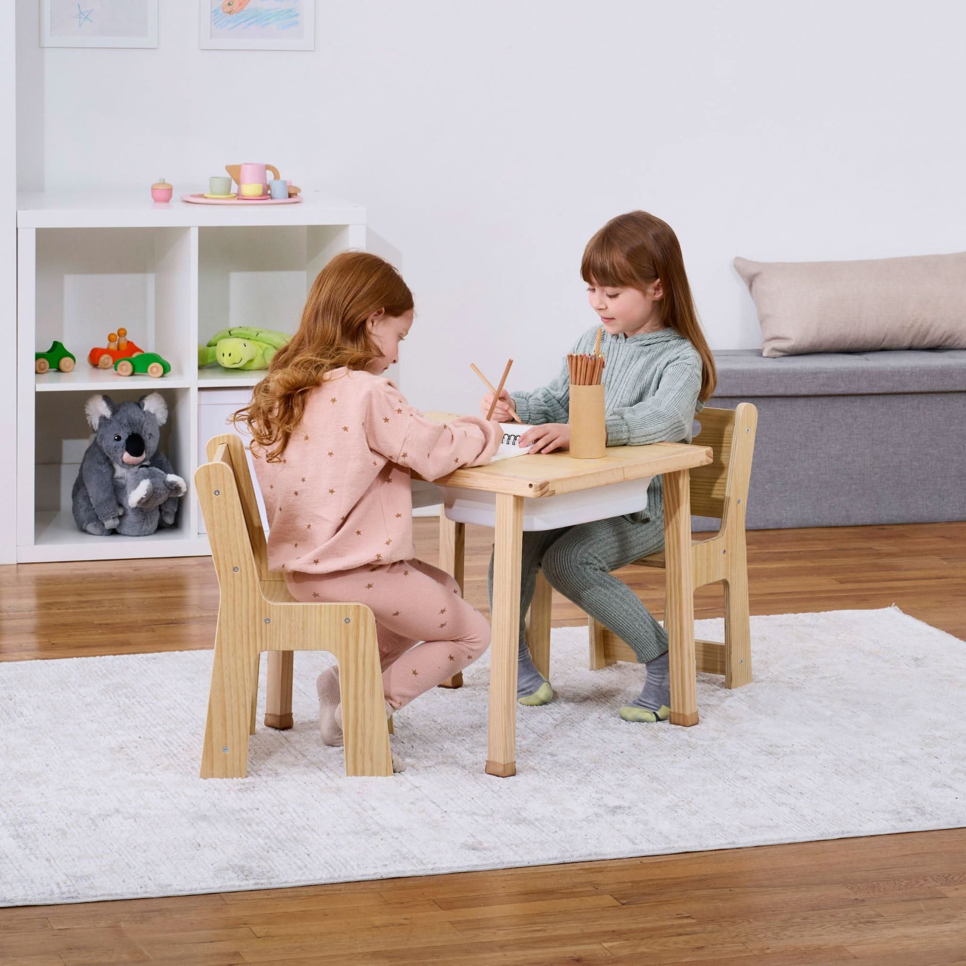Wooden kids activity table set with chalkboard & storage - The Nurturing Nook