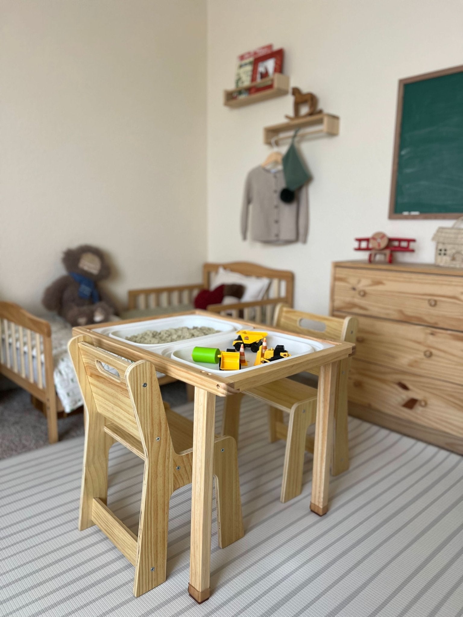 Wooden kids activity table set with chalkboard & storage - The Nurturing Nook